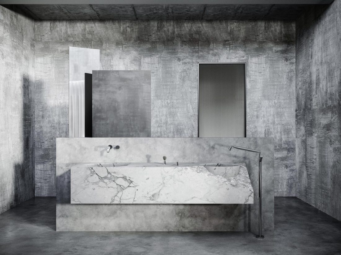 modern industrial bathroom with marble washbasin and artistic faucets